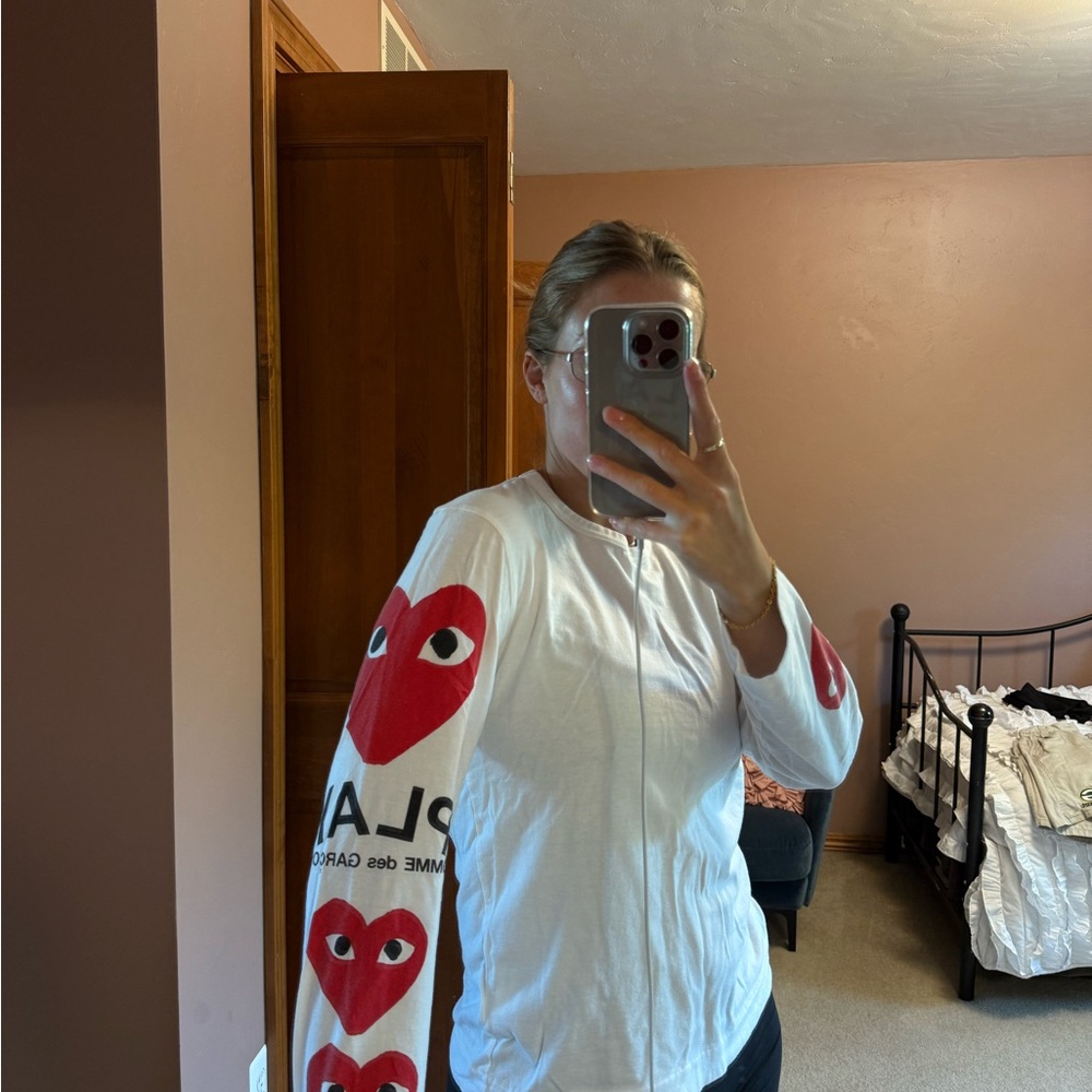 Comme des Garcons White Long Sleeve Tee with Red Hearts